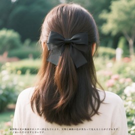 Fesanla Bow Barrette, Organza Ribbon, Hair Clip, Sheer, Large, Ponytail, Hair Ornament, Chiffon, Hair Clip, Graduation, Wedding, Party (Black)