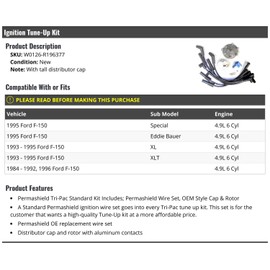 Marketplace Auto Parts Ignition Tune-Up Kit - Compatible with 1984-1996 Ford F150 4.9L 6-Cylinder (with Tall Distributor Cap)