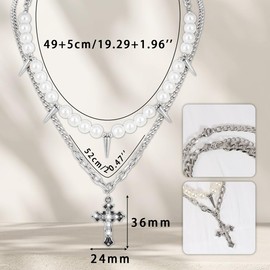 Eigso Pearl Necklace for Men Women Stainless Steel Rhinestone Cross Pendant Necklaces for Men Women, Stainless Steel, No Gemstone