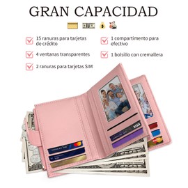 Cartera para Mujer Pequeña, Tarjetero con Bloqueo RFID, Monedero con Cremallera para Dinero en Efectivo y Tarjetas de Crédito, 4 Ventana de Identificación Extraíble, Regalos para Mujer(Rosado)
