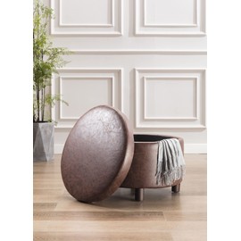 Wovenbyrd Classic Large Round Storage Ottoman Footstool with Removable Lid Dark Brown Faux Leather