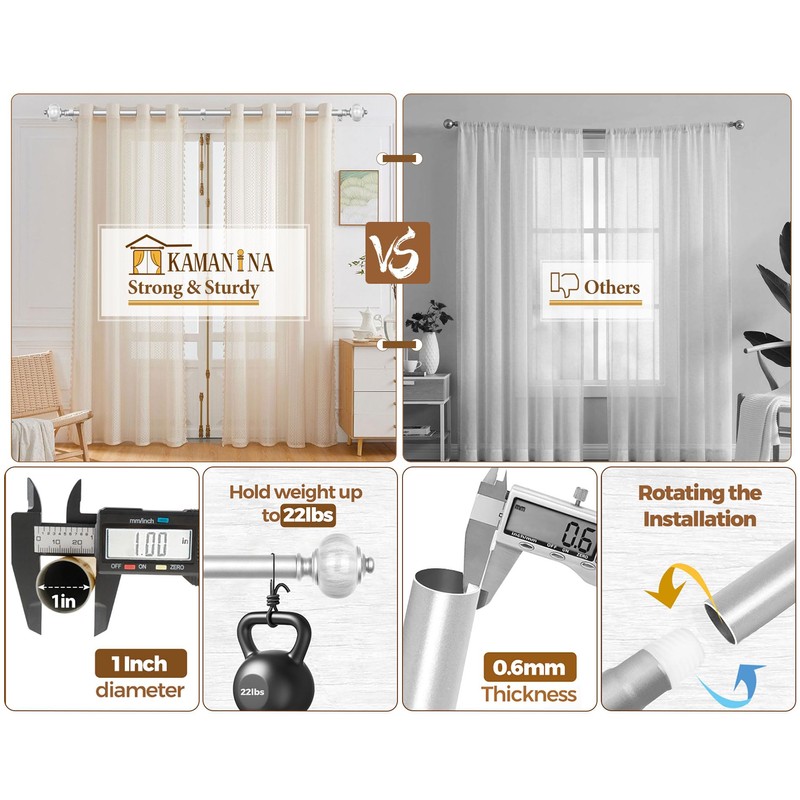 KAMANINA Silver Curtain Rod 32 to 58 Inch(2.6-4.8ft), 1 Inch