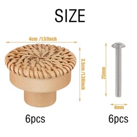 6 Pcs Wooden Drawer Knobs with 6 Pcs Screws, 4 X 3.5 Cm Wooden Door Knobs, Vintage Boho Rattan Cabinet Knobs, Round Wooden Drawer Handles for Cabinets Dresser Handles Wood Furniture Knobs Home Decor