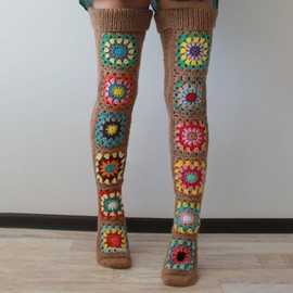 FEORJGP Womens Granny Square Over Knee High Socks Crochet Knitted Stockings Tube Long Leg Warmers Cable Thigh High Boot Socks (Khaki, One Size)