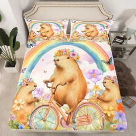 Capybara Double Size Fitted Sheet,Funny Animal Bike Romantic Floral 3 Pieces Kids Teenager Room Decor Nature Garden Daisy Flowers Rainbow Sky Watercolor Pocket 2 Pillowcases