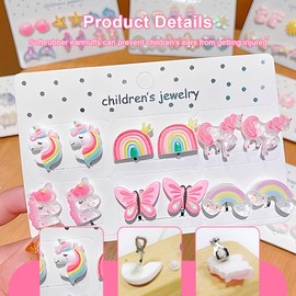 EIHI 6 Pairs of Children's Clip Earrings, Without Pierced Earrings, Girls' Ear Clips, Magnetic Earrings, Girls, Unicorn Rainbow Butterfly Set