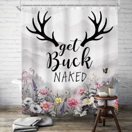 SVBright Get Buck Naked Shower Curtain 60Wx72L Inch Funny Farmhouse Country Rustic Floral Western Grey Mountain Cute Quotes Plants 12 Pack Hooks Polyester Waterproof Fabric Bathroom Bathtub Panels