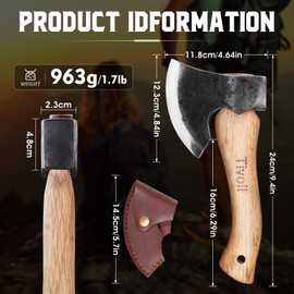 Tivoli 9-inch Small Hatchet Axe for Camping, Small Wood Hatchet Hand Axe, Hand Forged Carbon Steel Short Camp Axe for Chopping Wood, Ash Wood Handle, Retro Sheath