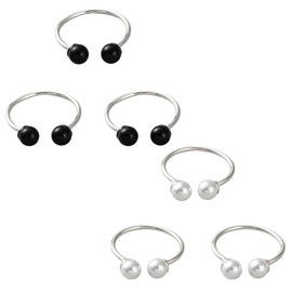 GOMAKERER 6 Pcs 2 Colors Double Pearls Rings, 17mm Round Black White Pearls Stackable Rings Adjustable Dainty Finger Rings Cute Jewelry Gifts for Crafting Wedding Party Favor