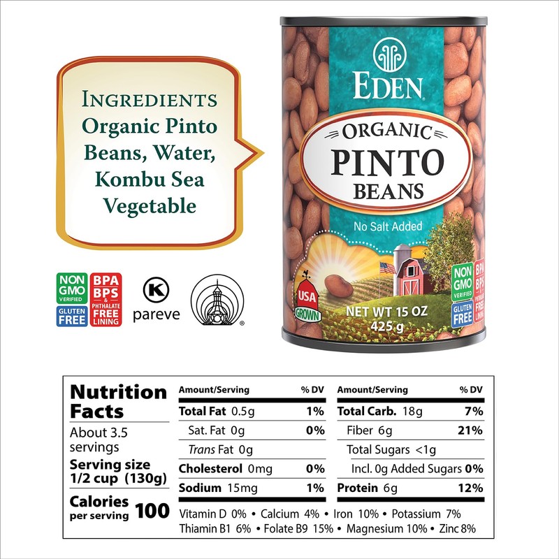 Eden Organic Pinto Beans, 15 oz Can (12-Pack), No Salt