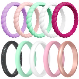 ThunderFit Silicone Wedding Rings for Women, Swivel and Thin 10 Mixed Rubber Engagement Bands (Dark Purple, Light Pink, Lavender, Black Glitter, Pink, Green, Rose Gold, White - 12.5-13 (22.33mm))