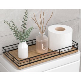 Toilet Paper Basket Organizer – Acacia Wood Toilet Tank Tray with Metal Frame, Back of Tank or Top Bathroom Counter Storage – Black & Acacia Modern Decor