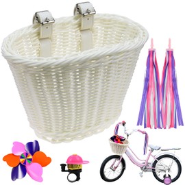 Bicycle Basket Children's Bicycle Basket Braided for Girls and Children Front Bicycle Basket Front Children with Leather Straps, Streamers, Bicycle Bell, Windmills