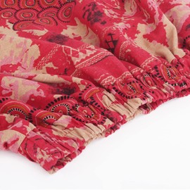 Women's Linen Cotton Floral Maxi Skirt Long Skirt with Side Pockets Elastic Waistband Bohemian Retro Vintage Skirt Length 90 cm Size 34/36/38/40/42, C206 Crimson Beige Ethnic Style