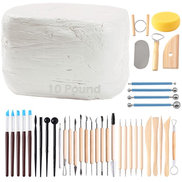 ReArt Natural Air-Dry Clay, Pottery Clay10LBs with 40 Pcs Pottery