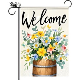 BlissYard Spring Garden Flag Double Sided 12x18 Inch Rustic Flowers Barrel Seasonal Welcome Small Flags For Outside Outdoor Decor Yard Farmhouse Holiday Spring Summer Decorations Yard Flags