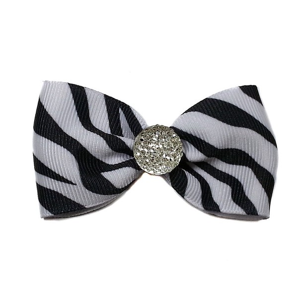 Mini Ribbon Hair Bows with Rhinestones (Alligator Clip, Zebra)