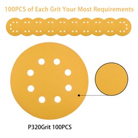 Ajkwp 5-Inch 8-Hole Sanding Disc Hook and Loop, 100 Pcs Orbital Sanding Discs, 320 Grits Gold Sandpaper for Woodworking or Sanding Discs Gold Random Orbital Sander