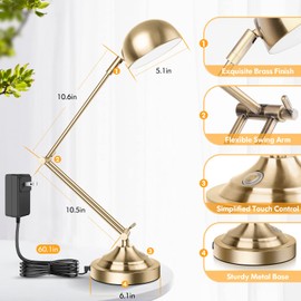 Architect Gold Dimmable Desk Lamp with USB Port, Adjustable Touch Control Vintage Lamp with 3 Color Modes, Brass Metal Retro Style Reading Light for Home Office, Bedside Table