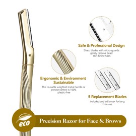 EROWZOLA Dermaplaning Tool for Face, Eyebrow Razor for Women and Men, Eyebrow Trimmer and Facial Shaver Dermaplane Razor for Peach Fuzz Hair and Exfoliation, Includes 6 blades (Royal Gold)