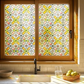 3D Stained Glass Window Film, Decorative Window Privacy Film for Bathroom,Front Door,Home, Sun Blocking Heat Control,Static Cling,Grid Order 23.6inch x 35.4inch