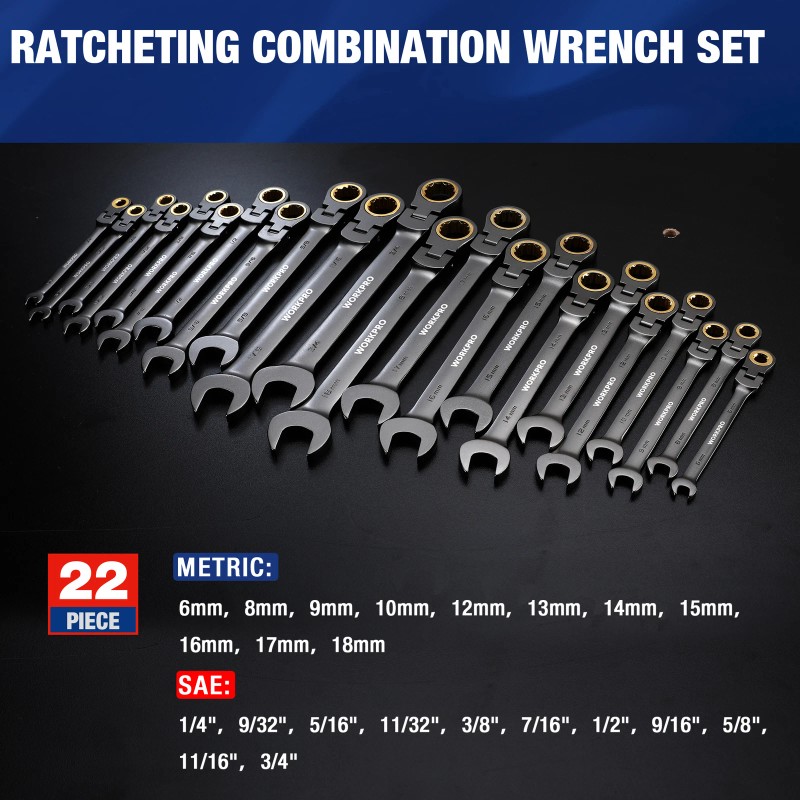 WORKPRO 22-Piece Flex-Head Ratcheting Wrench Set Metric 6-18mm & SAE