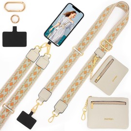 ZOPPEN Phone Lanyard Crossbody, Clip and Go Strap for Phone with Wallet Crossbody, Phone Strap with Zippered Pouch, Adjustable Strap with Phone Tethe Tap for All Phones, Beige