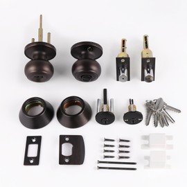 Probrico Entry Door Knob and Double Cylinder Deadbolt Lock Set, Oil Rubbed Bronze Exterior Door Handle with Lock and Keys,Reversible for Left and Right Handed Door, Keyed Alike(3Pack)