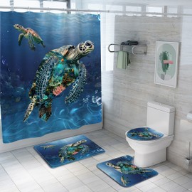Nazapher Sea Turtle Shower Curtain Set, 4-Piece Ocean-Themed with Marine Life Design, Includes Waterproof Shower Curtain, Non-Slip Rugs, Toilet Lid Cover, and 12 Hooks for Bathroom Decor, 71" x 71"
