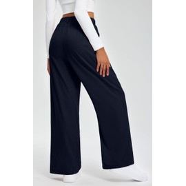 Libin Women's Wide Leg Pants 27" High Waisted Waffle Knit Casual Slacks Work Dress Pants Business Palazzo Trousers with Pockets, Navy Blue, M