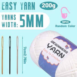 200g/7Oz Yarn for Crocheting, 5mm Crochet Yarn for Beginners with Easy-to-See Stitches, Stitch Marker, Big Eye Blunt Needle for Crocheting (White)