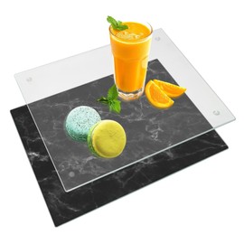 JAMBALAY Glass Cutting Boards for Kitchen, Set of 2PCS 16"x12" Glass Cutting Boards with Non Slip Feet, Black Marble Pattern and Clear, Shatter and Heat Resistant, Dishwasher Safe
