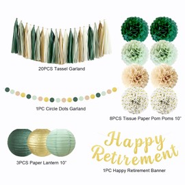 Sage Green Retirement Party Decorations, Happy Retirement Banner, Tissue Paper Pom Poms, Paper Lanterns, Circle Dots Garland, Tassel Garland for Retirement Party Supplies