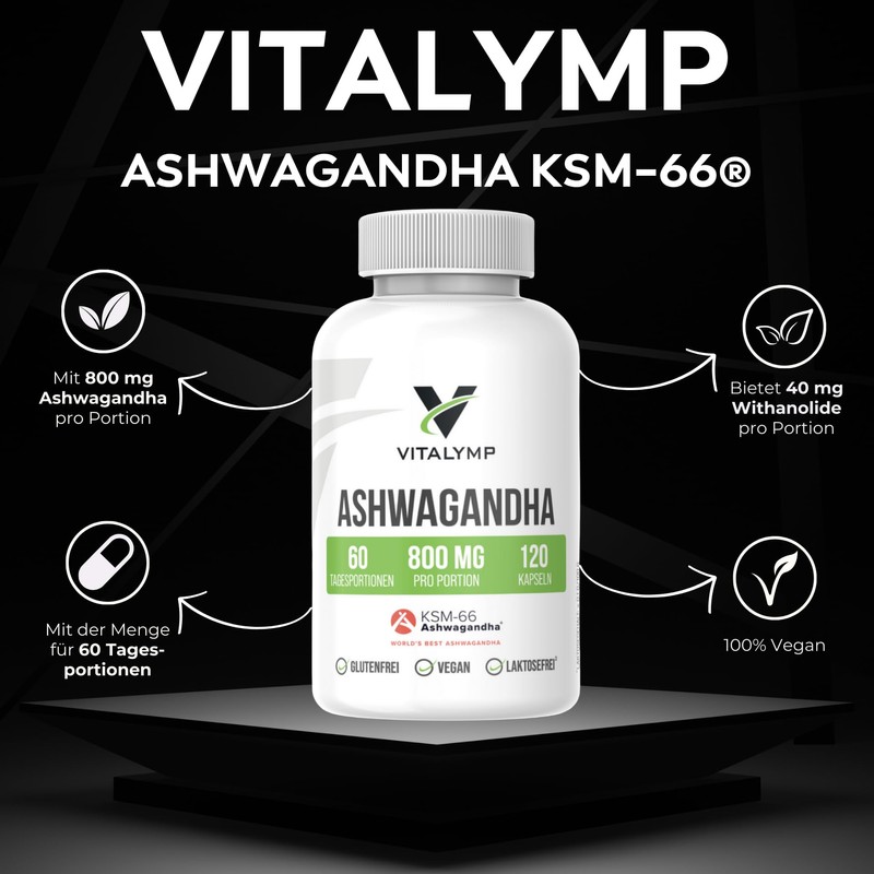 Ashwagandha KSM-66® Capsules, 800 mg Premium Root Extract, 120 Vegan