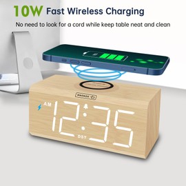 DreamSky Wooden Digital Alarm Clock with Wireless Charging for Bedroom, Bedside Nightstand Clock with Charger Station, USB Port, Large Numbers, Adjustable Volume, Brightness Dimmer, DST