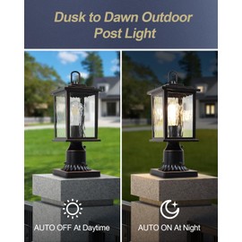 ZILLSEA Dusk to Dawn Outdoor Post Light, Oil-Rubbed Bronze Pole Lantern with Pier Mount Base, 16'' Hardwired Lamp Post Light Fixture, Water Ripple Glass, Waterproof and Rustproof, Bulb Not Included