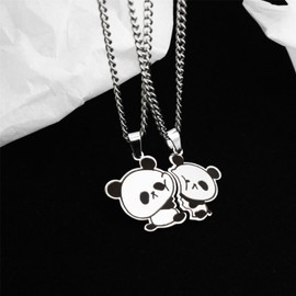 Kumshunie Stainless Steel Panda BFF Necklace for 2 Best Friends Cute Matching Couples Pendant Jewelry For Women, Silver