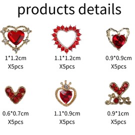 RUNRAYAY 30 pieces heart nail charms, red nail gemstones, 3D metallic nail rhinestones for acrylic nail designs, shiny love crystal charms for women, girls, nail art accessories