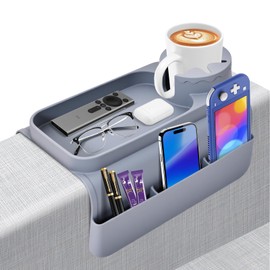 Wkyqes Couch Cup Holder Tray - Wide (6"+) ， Silicone Sofa Armrest Tray with Dual Pockets，Couch Arm Tray Anti-Slip Organizer for Drinks, Phone, Remote, Snacks | Heat Resistant for, Recliner, Car