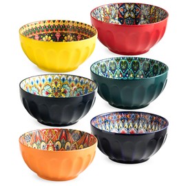 MISSYSSIM Cereal Bowls Set of 6, Bohemian Soup Bowls, 30 oz Colorful Ceramic Serving Bowls for Kitchen, Breakfast, Boho Decorative Bowls, Microwave Oven Safe Bowls for Salad, Pasta, Oatmeal