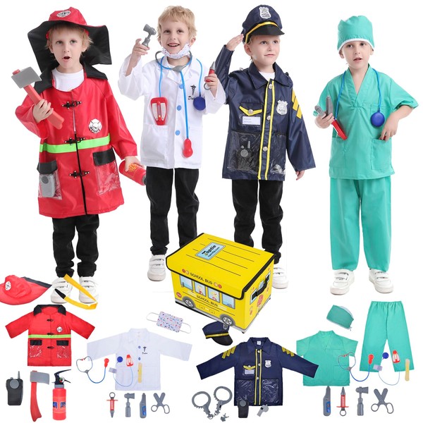 TOPTIE 4 Sets Kids Dress Up Costumes with a Storage Box, Fireman Doctor Police Surgeon Uniforms for Halloween Party