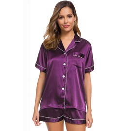 SWOMOG Womens Silk Satin Pajamas Set Two-Piece Pj Sets Sleepwear Loungewear Button-Down Pj Sets Purple