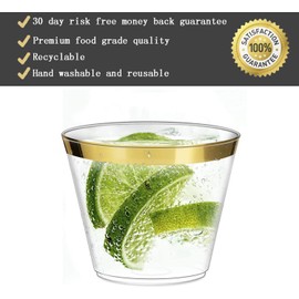 100 Plastic Cups, 9 Oz Gold Plastic Cups Old Fashioned Tumblers, Gold Rimmed Plastic Cups for Party Decorations, Disposable Clear Plastic Cups for Wedding Cups, Elegant Party Cups …