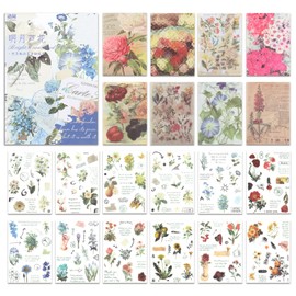 NOGAMOGA Flower Washi Stickers for Scrapbooking, Journaling Accessories, Vintage Ephemera Sticker Book, Set of 20 Sheets, 15.0 cm × 10.5 cm - Blue