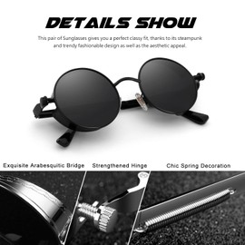 CGID Sunglasses Men Women Round Polarised Retro Steampunk Metal Frame Glasses Men Women, 1.1 Black Grey