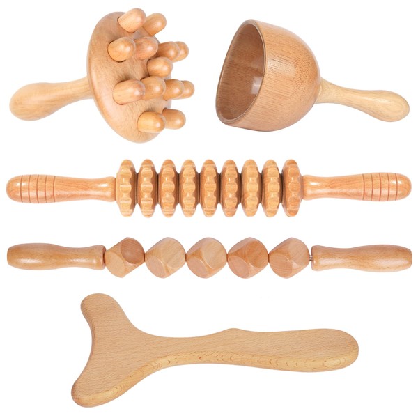 Komogir Wood Therapy Massage Tools 5-in-1 Lymphatic Drainage Massager Maderoterapia Kit Wooden Massager Body Sculpting Tools for Muscle Pain Relief, Anti-Cellulite, Body Contouring and Shaping