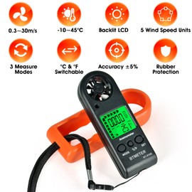 BTMETER BT-816B Handheld Anemometer, Compact Digital Wind Speed Meter Gauge for Air Velocity, Wind Temperature Test with LCD Backlight, Max/Average, Wind Chill