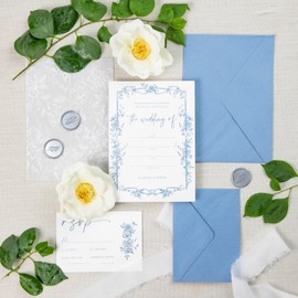 30 Set Wedding Invitations With Envelopes and Rsvp Cards, Dusty Blue Wedding Invitations,Include 5x7 inch Fill-in Invitation,Vellum Wrap,Rsvp Card, Self Seal Envelopes,Silver Wax Seal Stickers