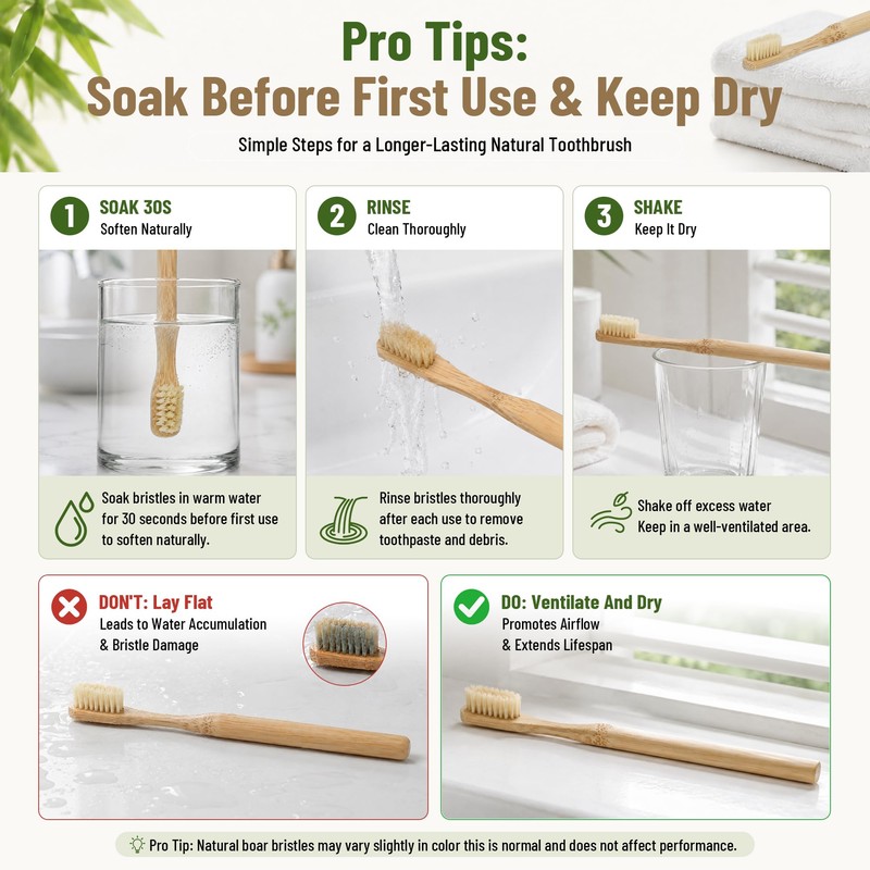 4-Pack Natural Boar Bristle Toothbrush for Adults