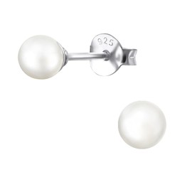 White Round Glass Stud Earrings - 925 Sterling Silver - Small 4mm Plain